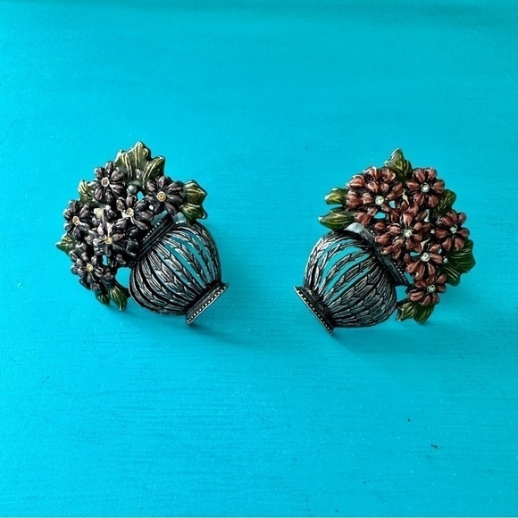 Other - Set of two Floral Silver Enamel Drawer Pulls Red and Green